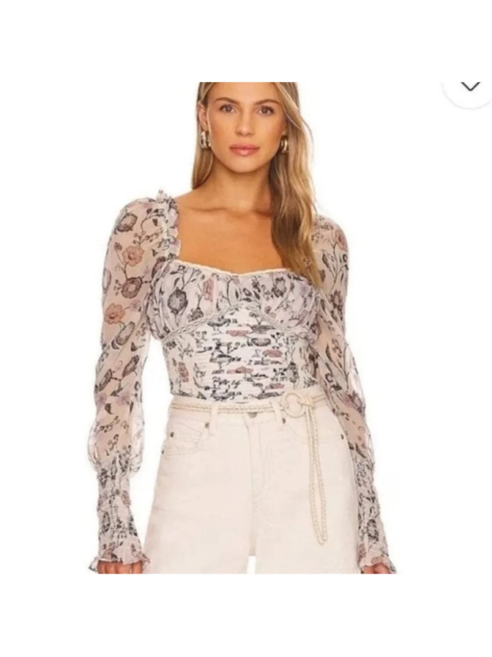 Free People Floral Print Bodysuit - Cream and Black